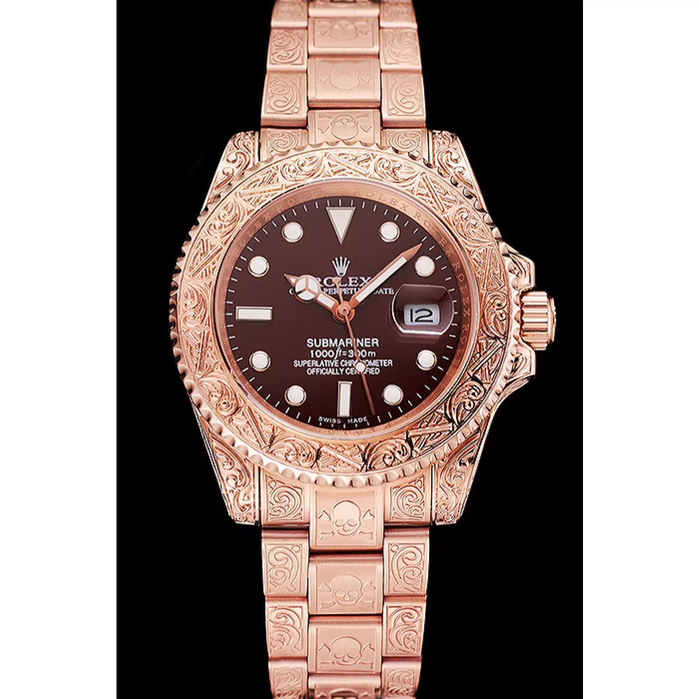 Rep Swiss Rolex Submariner Skull Limited Edition Brown Dial Rose Gold Case And Bracelet 1454087 0116