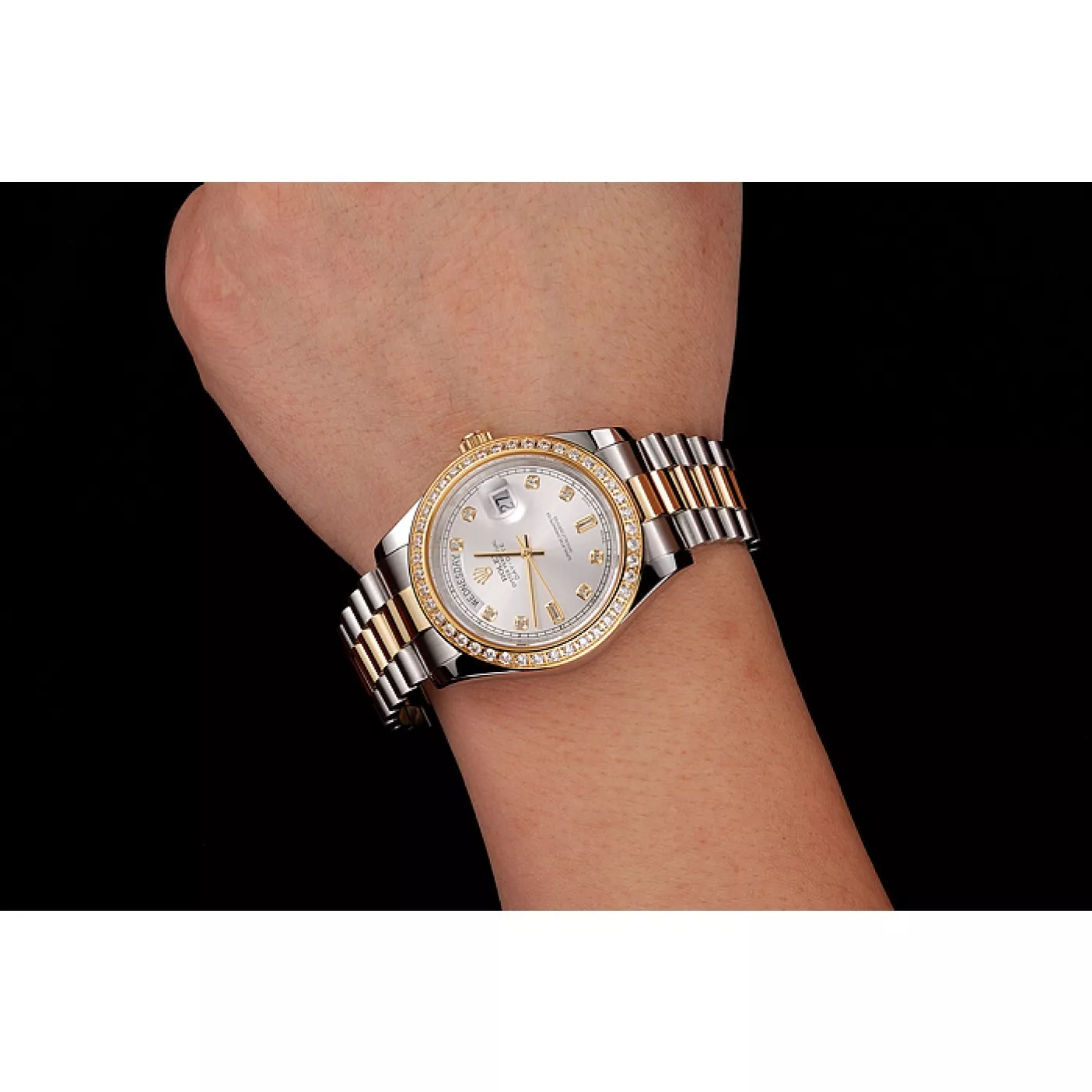 Rep Swiss Rolex Day-Date White Dial Gold Diamond Case Two Tone Stainless Steel Bracelet 1453972 0113