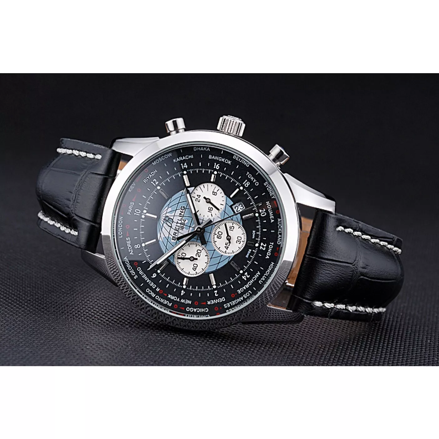 Affordable Breitling Transocean Chronograph Unitime Black Dial Stainless Steel Case Black Leather Bracelet 622242 0114