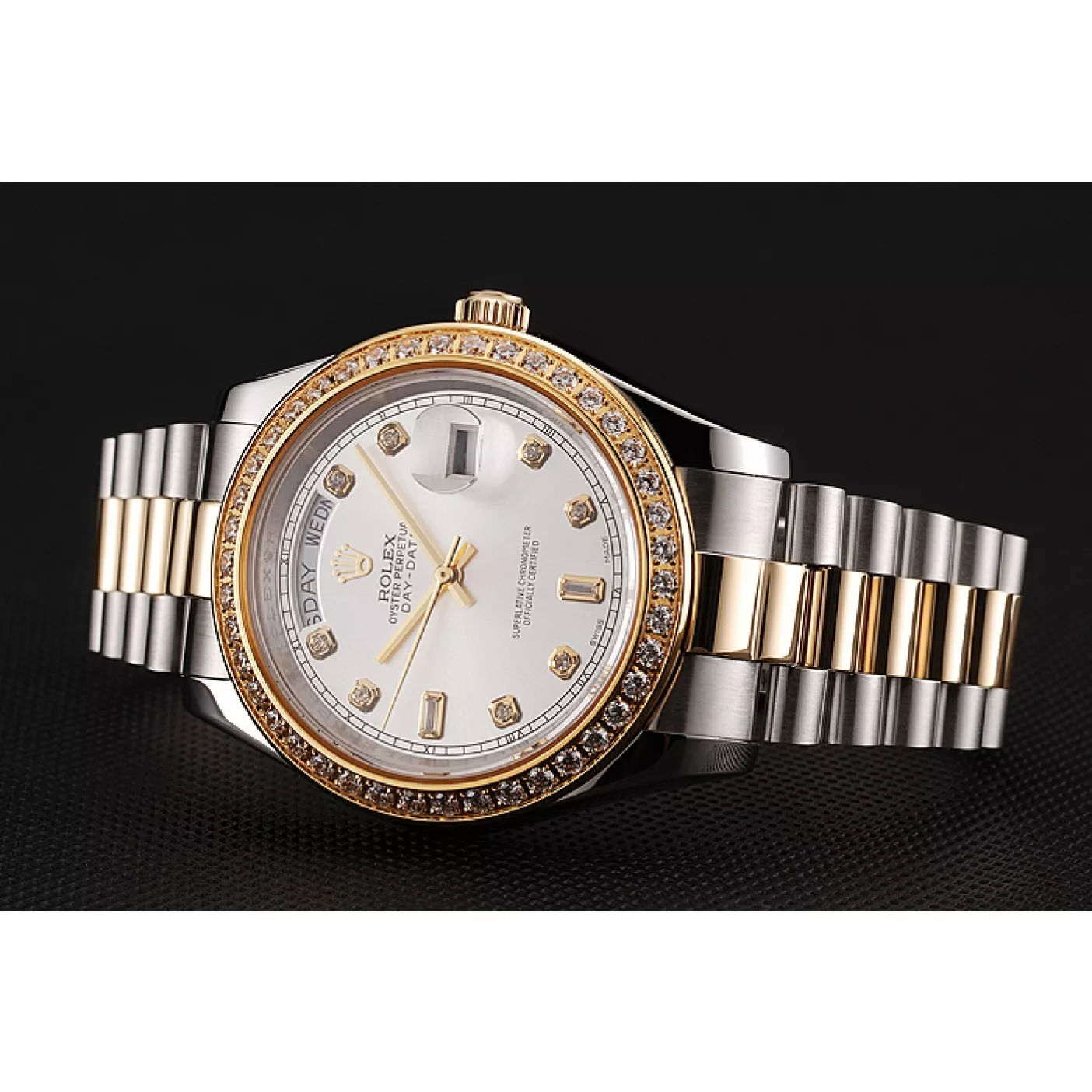 Rep Swiss Rolex Day-Date White Dial Gold Diamond Case Two Tone Stainless Steel Bracelet 1453972 0113