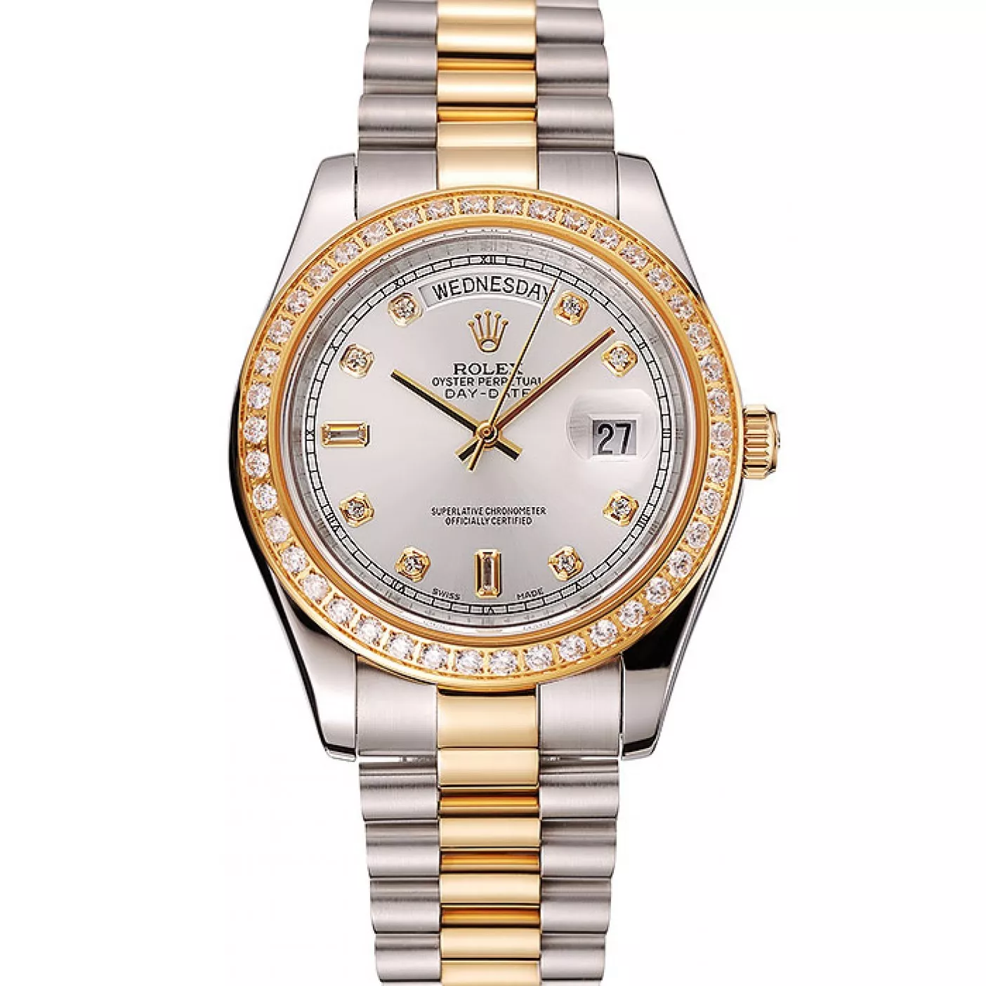 Swiss Rolex Day-Date White Dial Gold Diamond Case Two Tone Stainless Steel Bracelet 1453972 0113