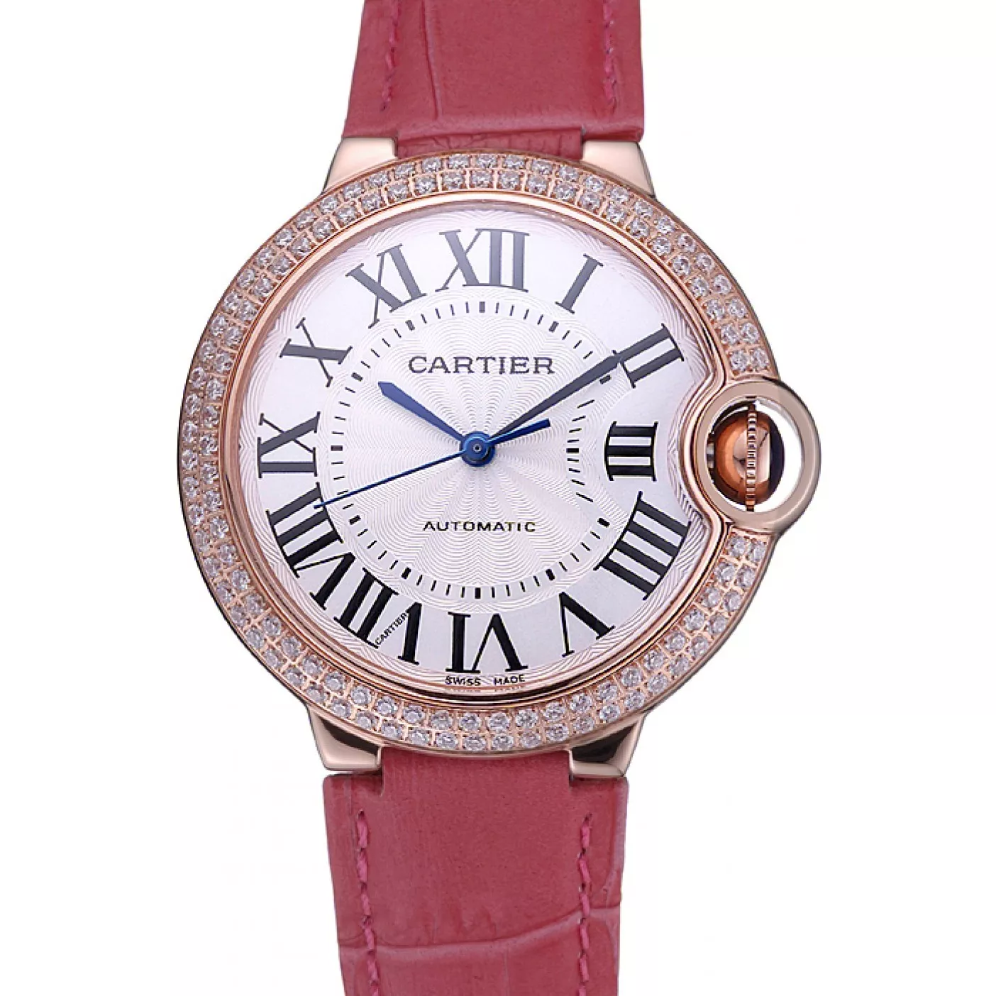 Swiss Cartier Ballon Bleu de Cartier White Dial Diamonds Case Pink Leather Bracelet 622553 0112