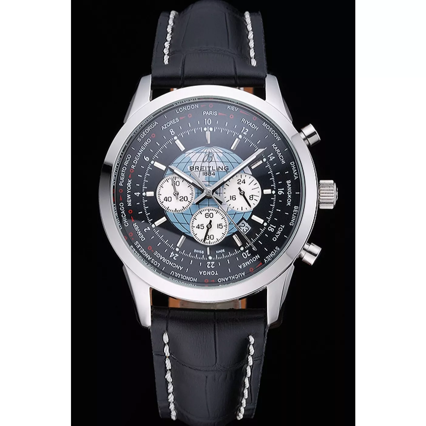 Affordable Breitling Transocean Chronograph Unitime Black Dial Stainless Steel Case Black Leather Bracelet 622242 0114