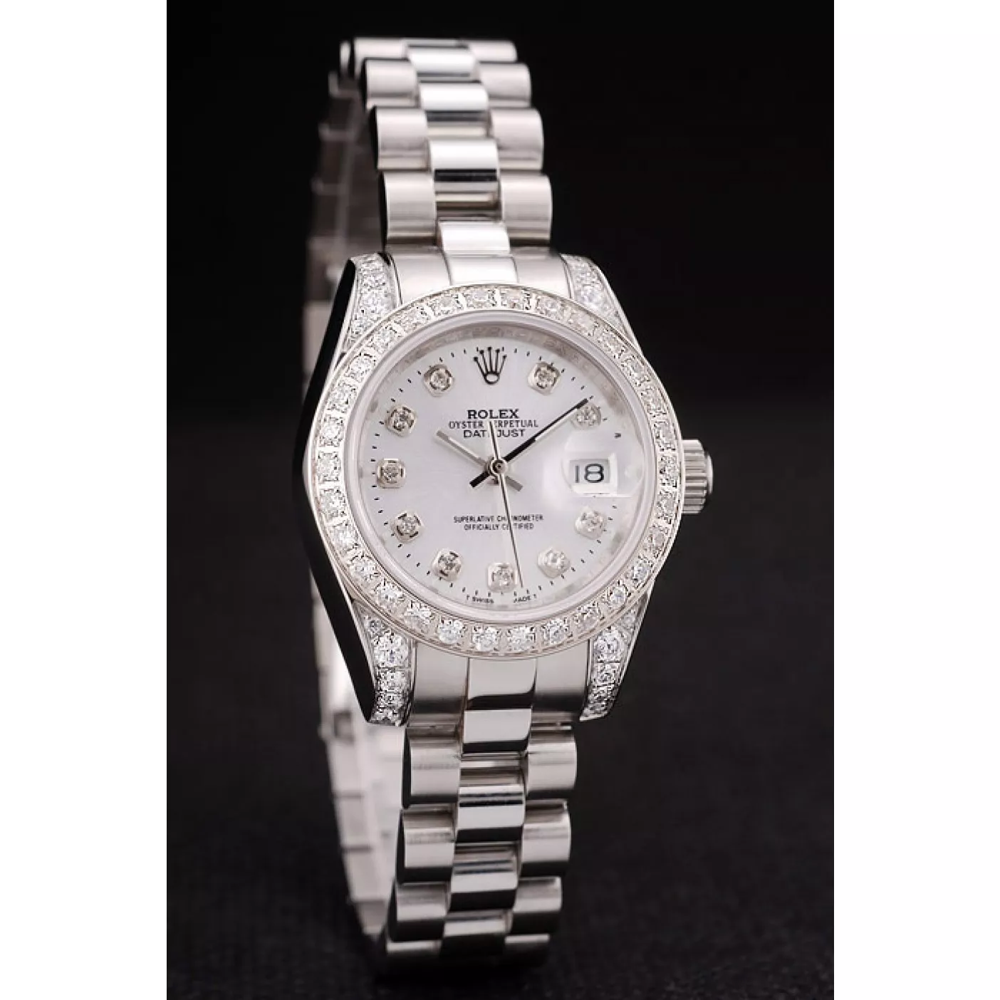 Cheap Rolex DateJust Brushed Stainless Steel Diamond Plated Case White Dial Diamond Plated Bezel 0113