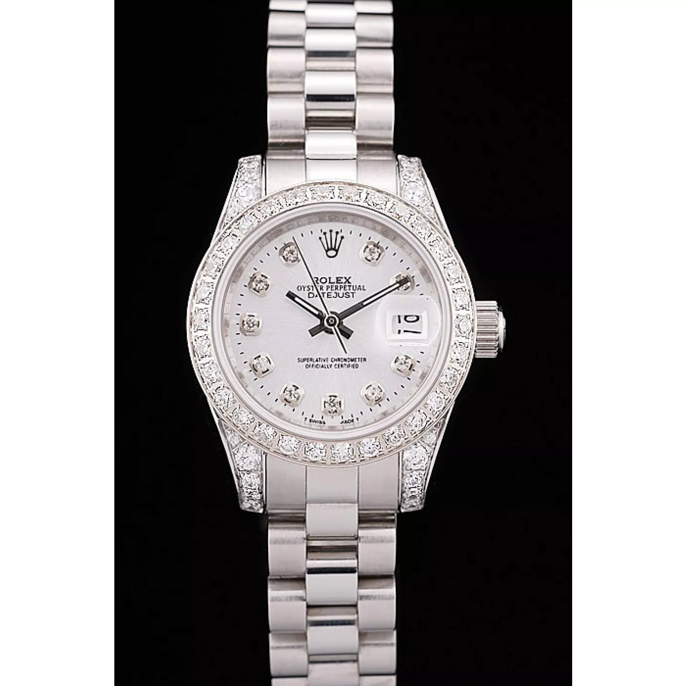 Rolex DateJust Brushed Stainless Steel Diamond Plated Case White Dial Diamond Plated Bezel 0113