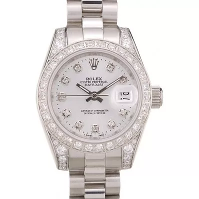 Cheap Rolex DateJust Brushed Stainless Steel Diamond Plated Case White Dial Diamond Plated Bezel 0113