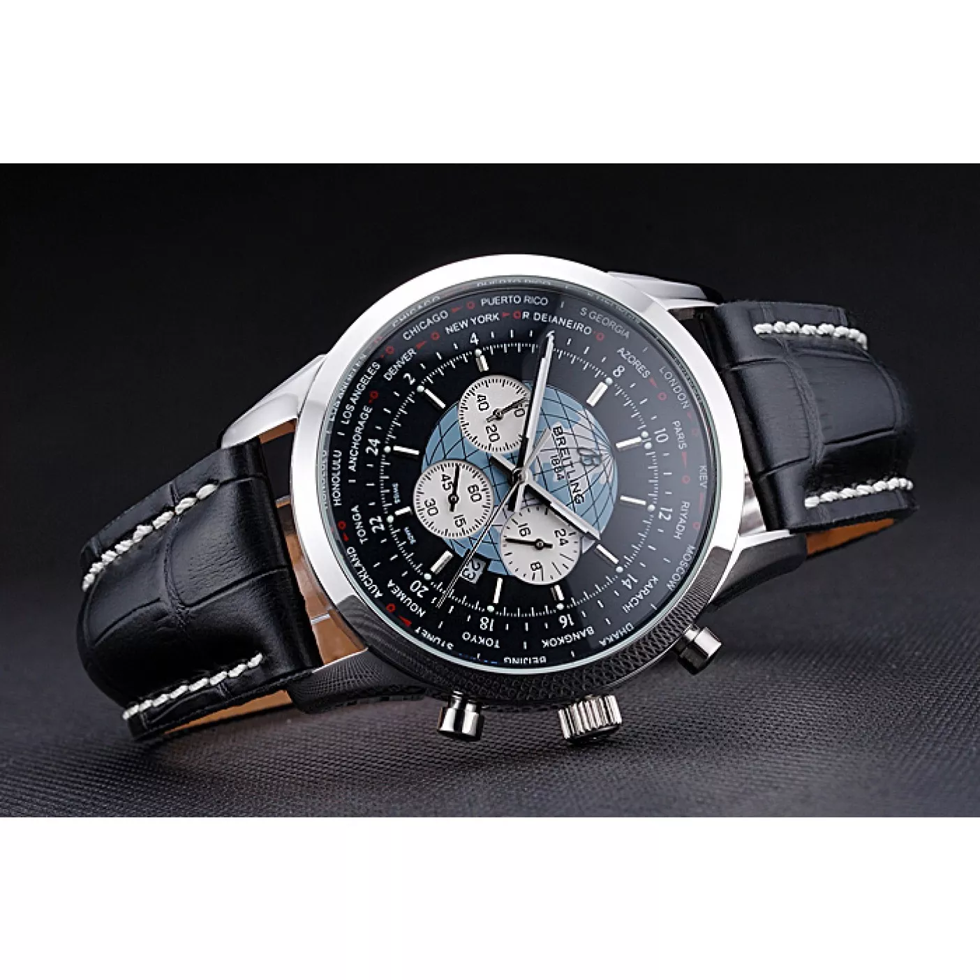 Affordable Breitling Transocean Chronograph Unitime Black Dial Stainless Steel Case Black Leather Bracelet 622242 0114