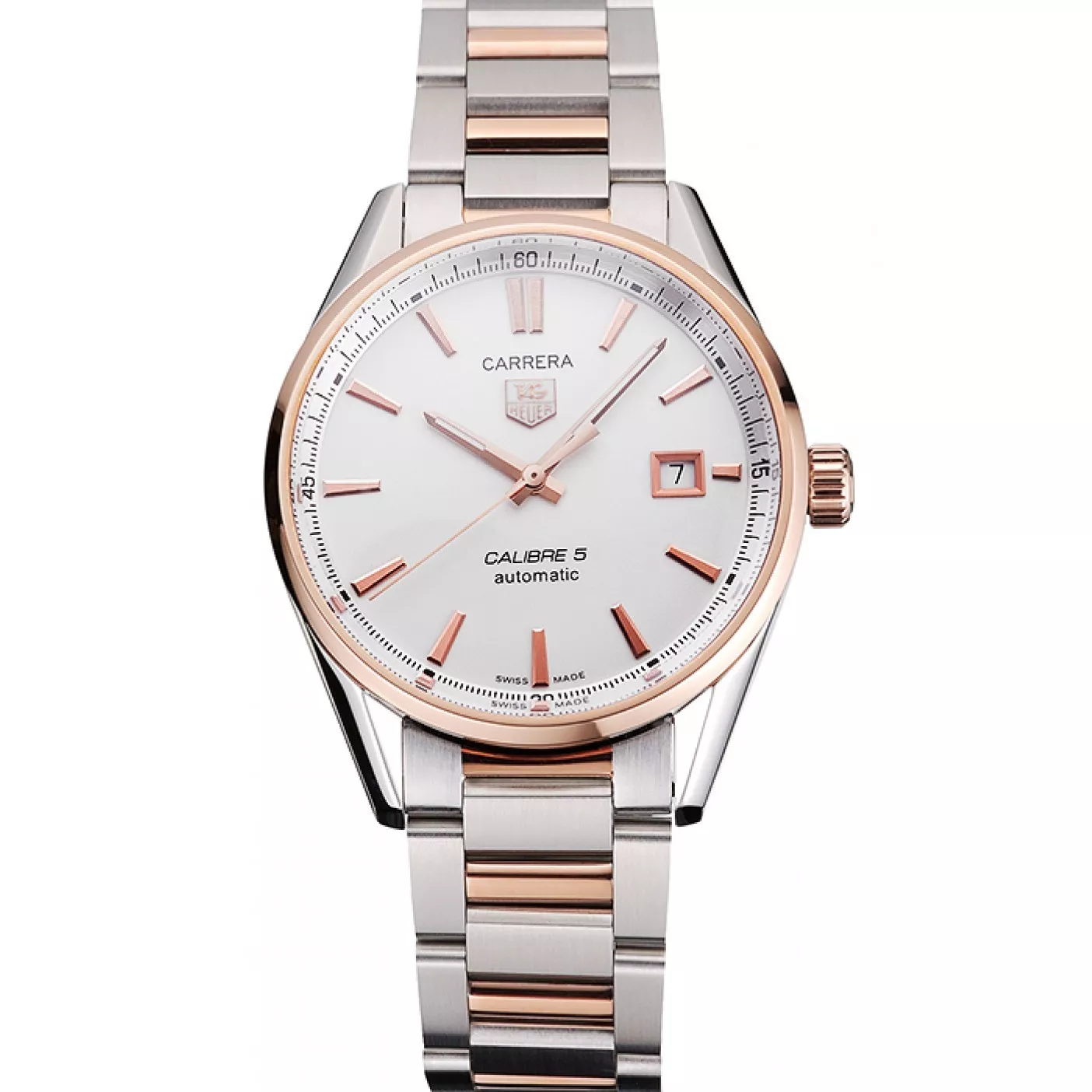 Swiss Tag Heuer Carrera Calibre 5 White Dial Rose Gold Case Two Tone Bracelet 0112