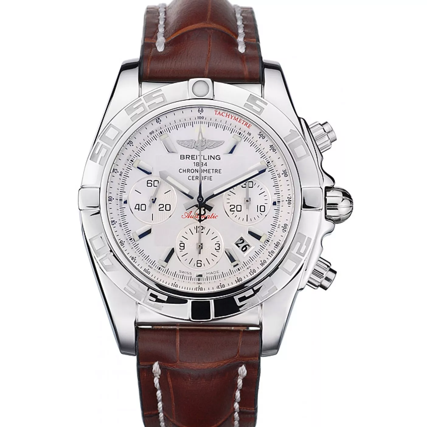 Swiss Breitling Certifie Stainless Steel Bezel Brown Croco Leather Bracelet White Dial 80285 0114