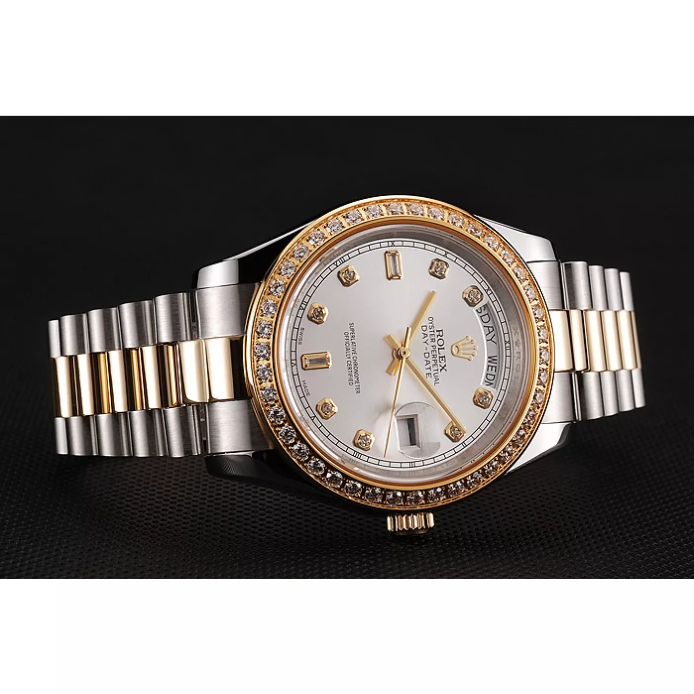 Rep Swiss Rolex Day-Date White Dial Gold Diamond Case Two Tone Stainless Steel Bracelet 1453972 0113