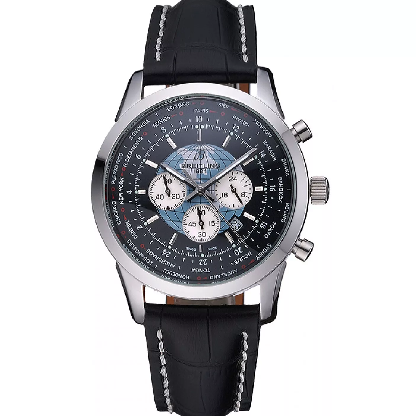 Breitling Transocean Chronograph Unitime Black Dial Stainless Steel Case Black Leather Bracelet 622242 0114