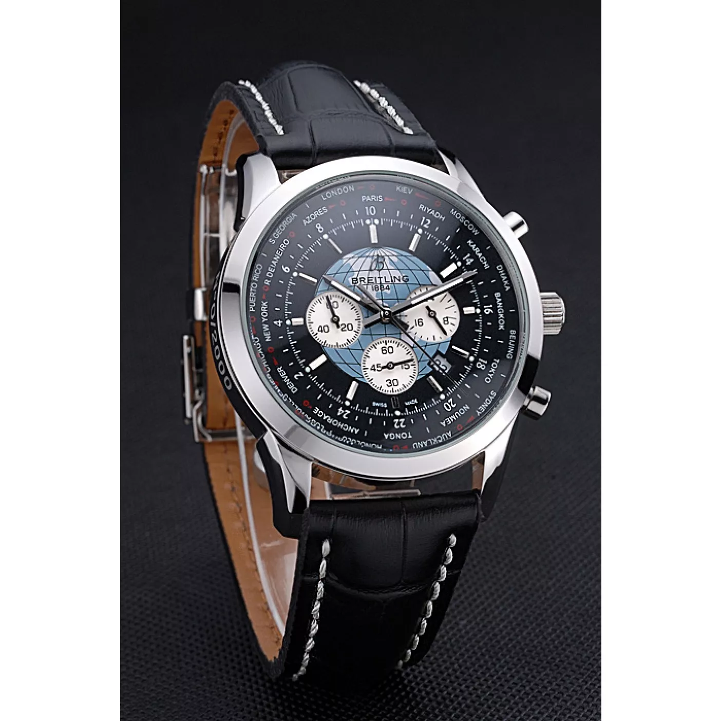 Affordable Breitling Transocean Chronograph Unitime Black Dial Stainless Steel Case Black Leather Bracelet 622242 0114