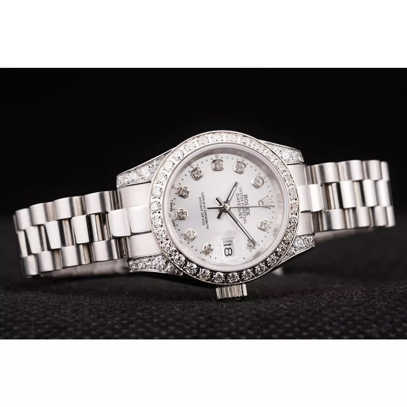 Cheap Rolex DateJust Brushed Stainless Steel Diamond Plated Case White Dial Diamond Plated Bezel 0113