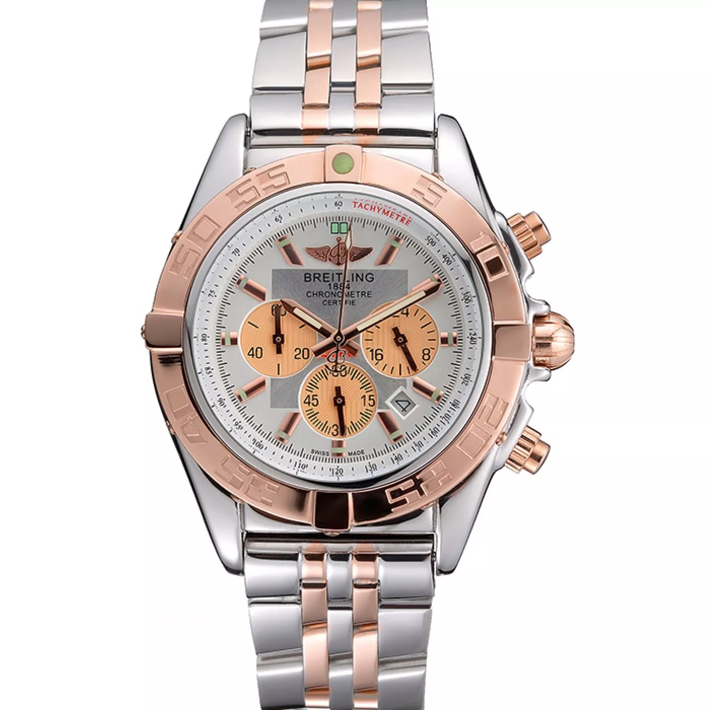 Breitling Chronomat White Dial Rose Gold Bezel And Subdials Stainless Steel Case Two Tone Bracelet 0114