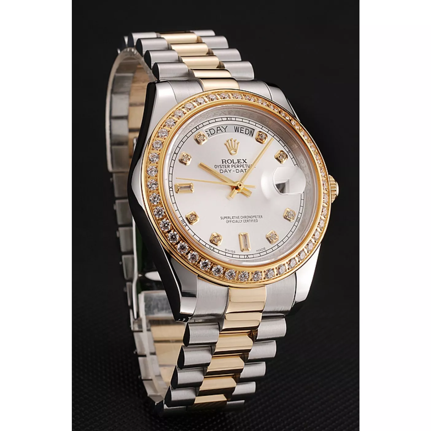 Rep Swiss Rolex Day-Date White Dial Gold Diamond Case Two Tone Stainless Steel Bracelet 1453972 0113